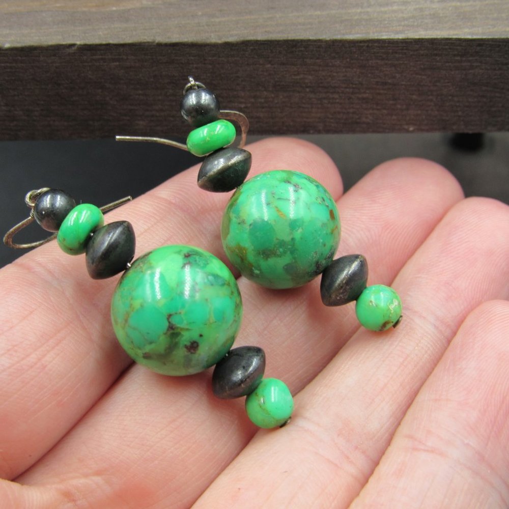 Sterling Silver Large Green Stone Dangle Earrings - Picture 2 of 5